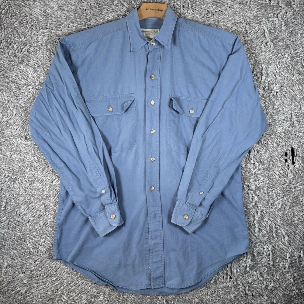 Banana Republic Safari Travel Shirt Men’s Small Long Sleeve Baby Blue Pockets